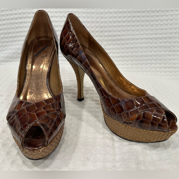 Sergio Zelcer Brown Alligator Peep Toe 4” Platform Heels~Woven Bottoms~Handmade - Picture 16 of 16